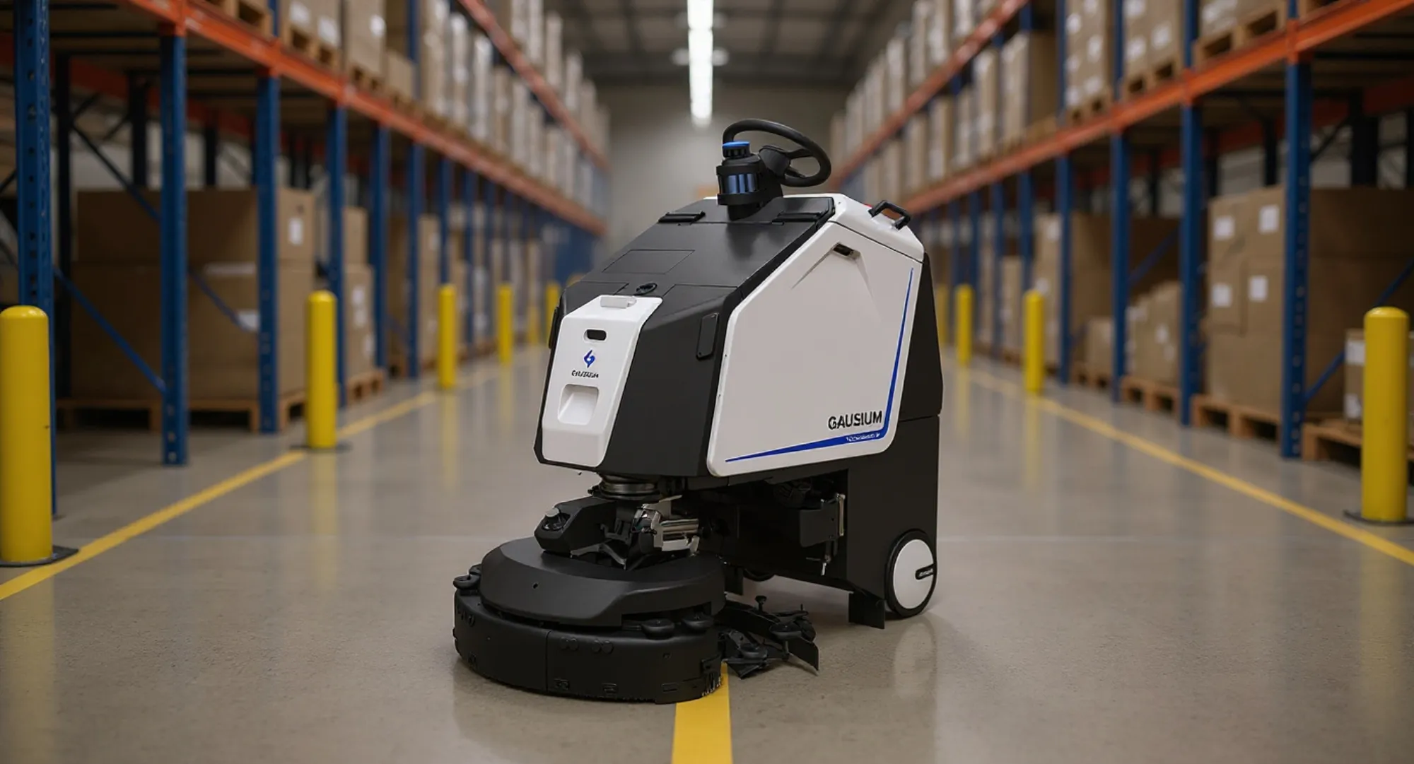 Gausium Scrubber 75 in a distribution center aisle