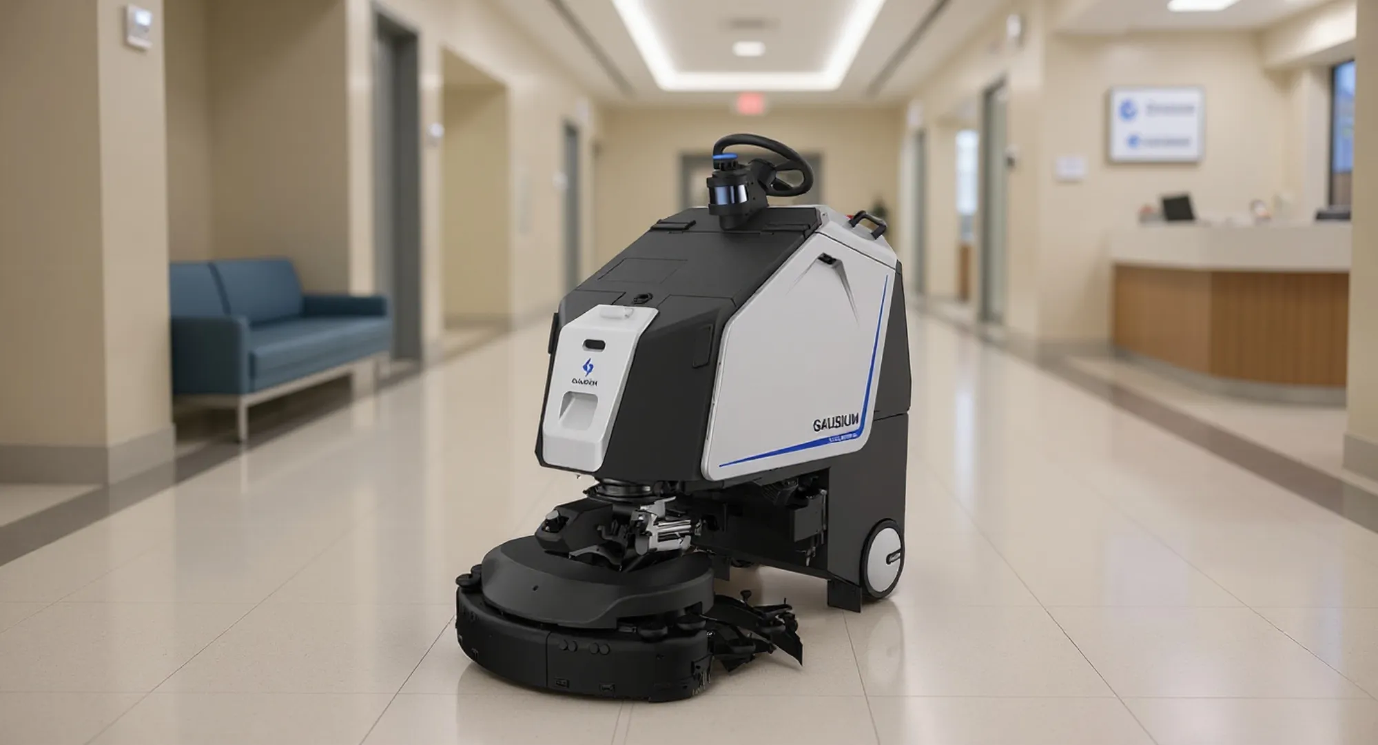 Gausium Scrubber 75 in a hospital concourse