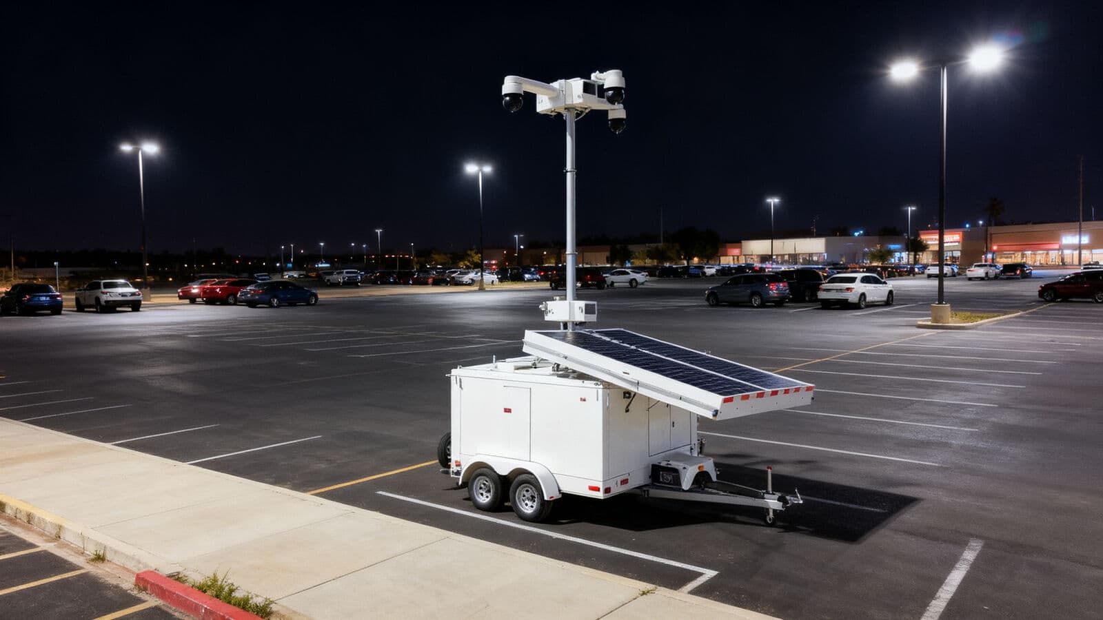 Mobile security surveillance trailer in parking lot