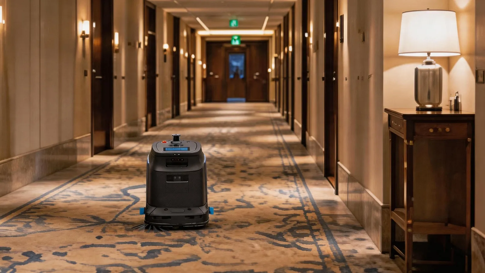 A hotel lobby with service robots navigating the floor
