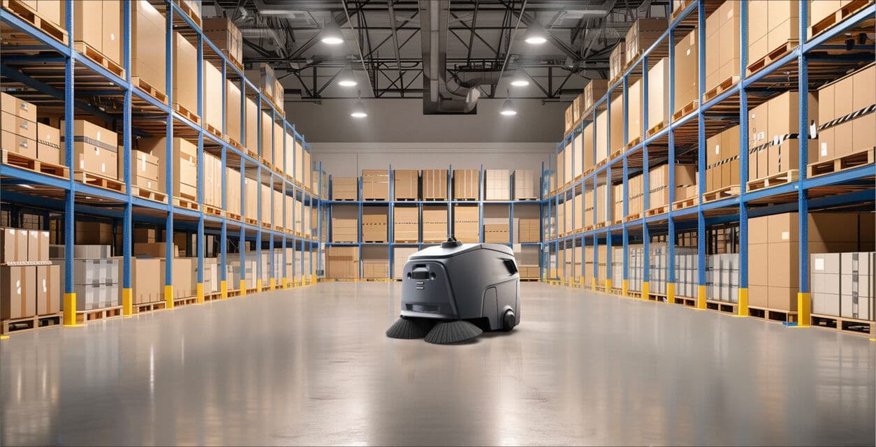 Cleaning robot operating in large warehouse facility