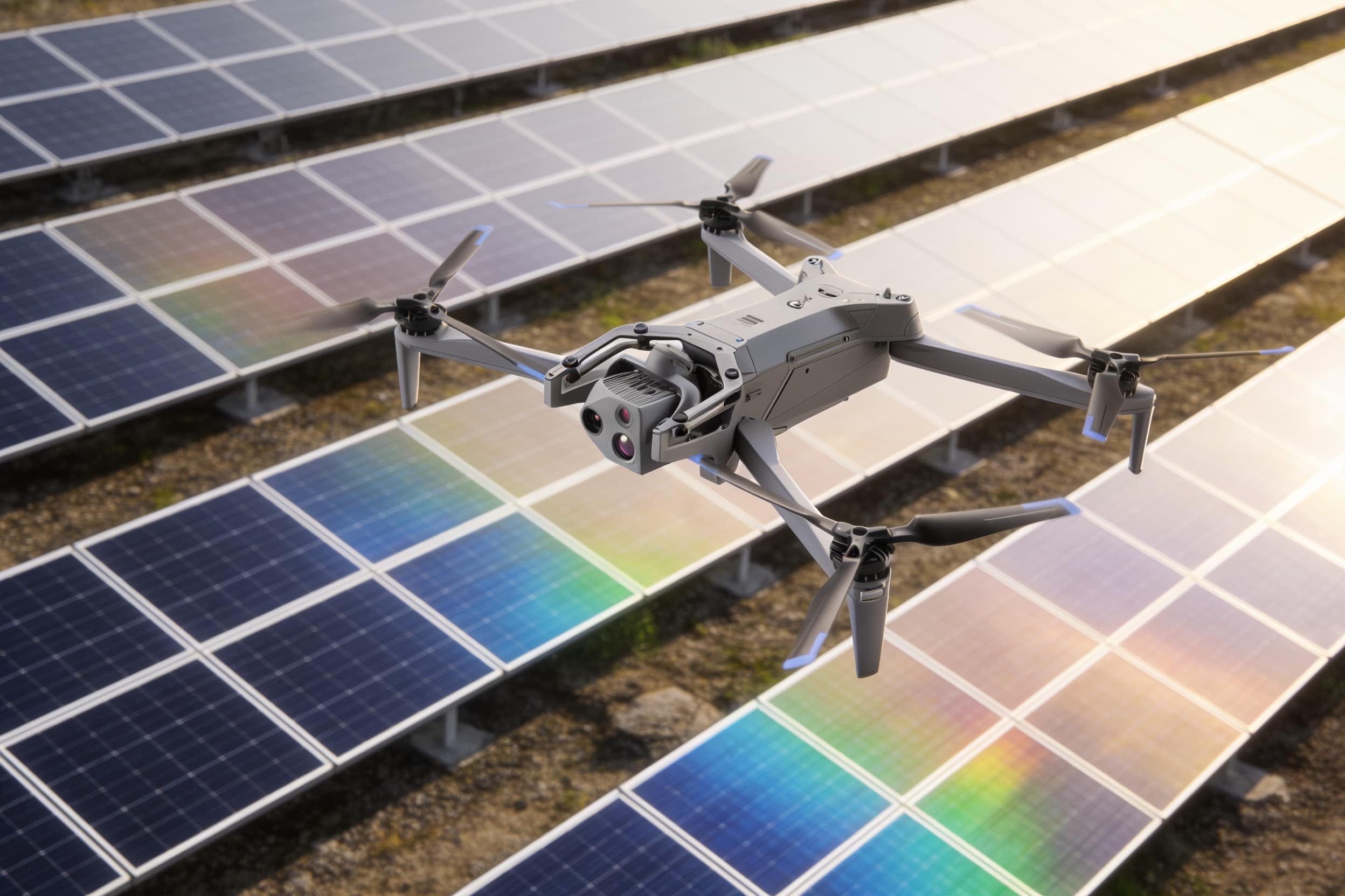 An aerial inspection drone hovering over ground-mount solar rows