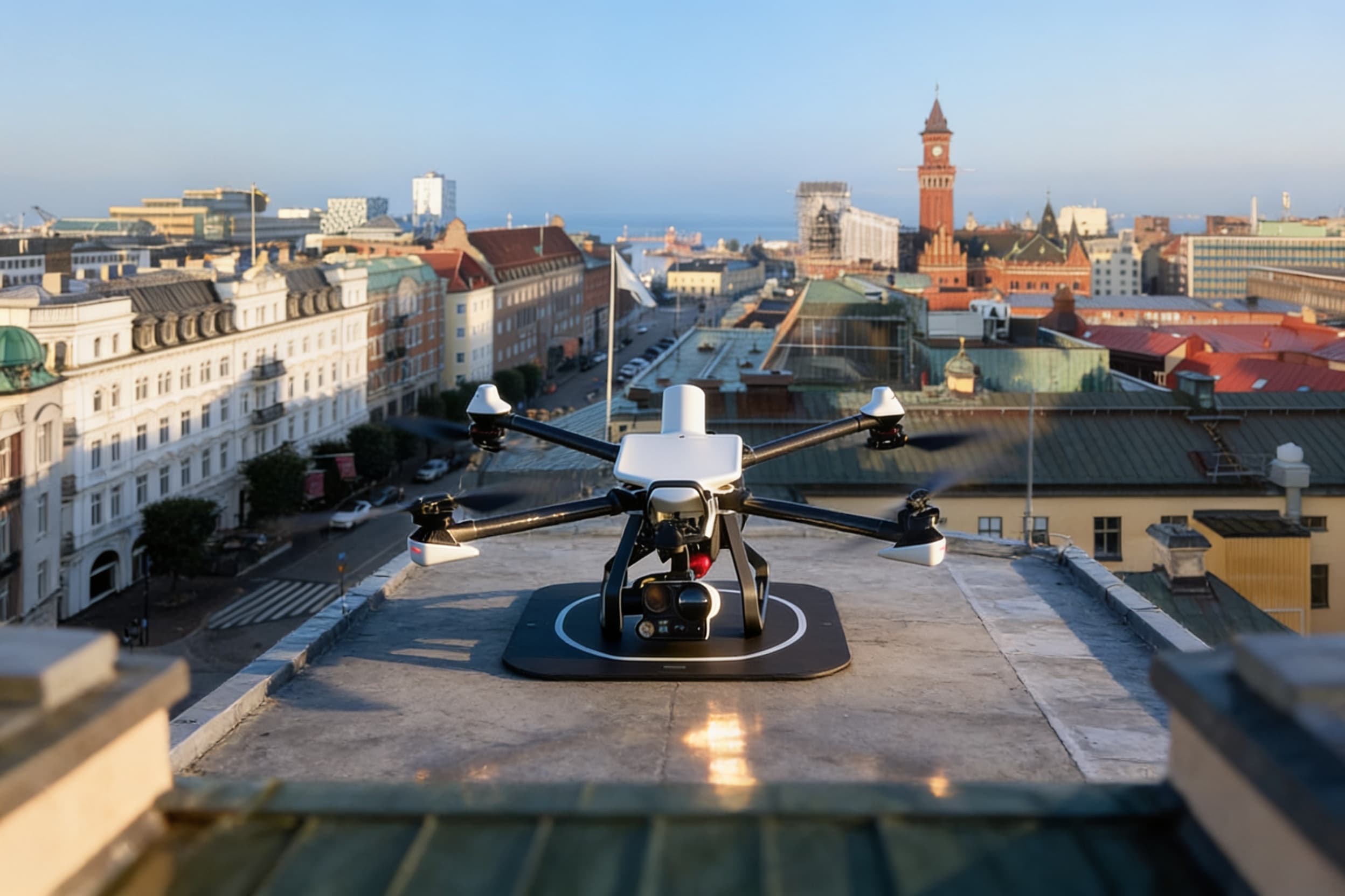 Response drone parked on a rooftop charging pad