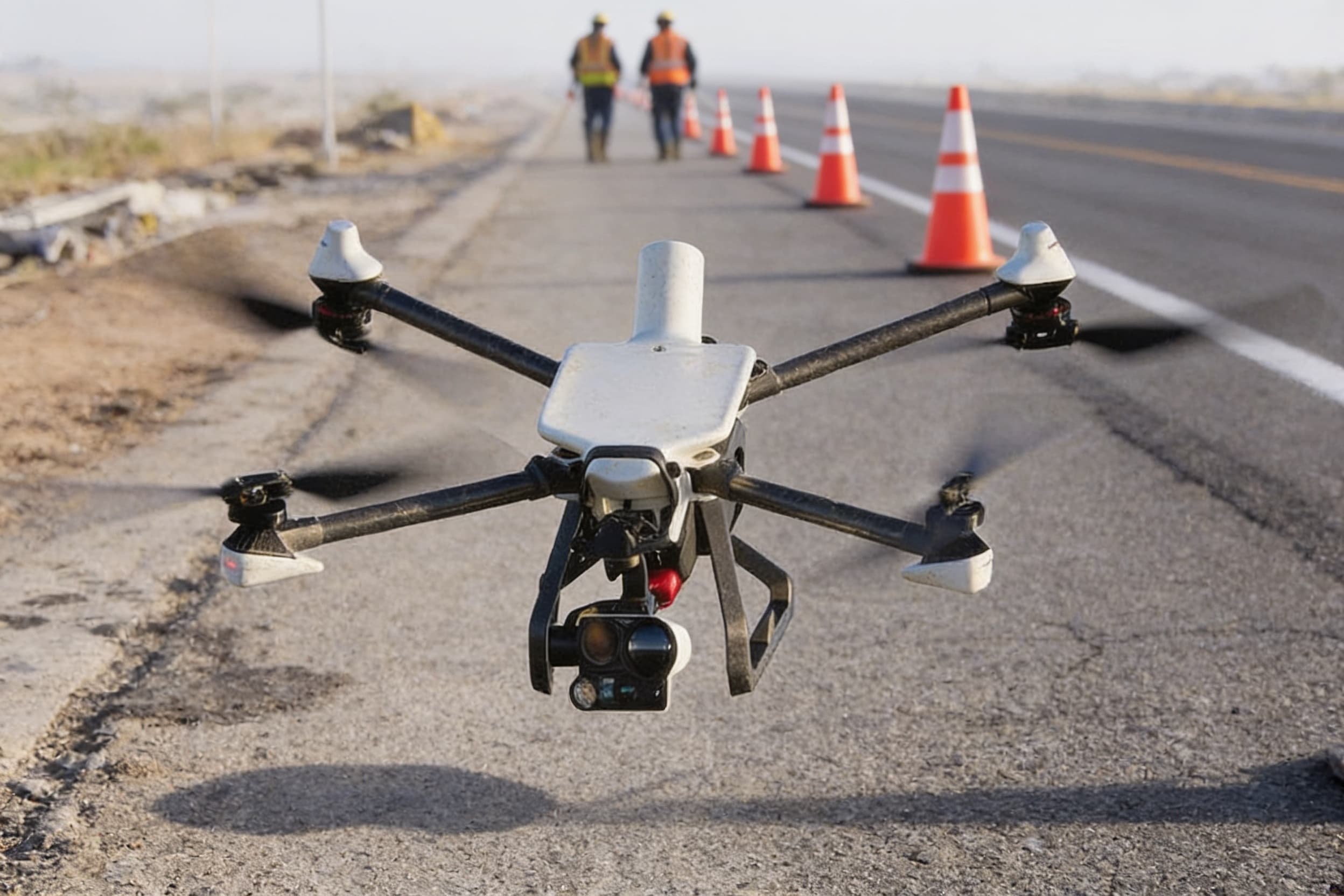 BRINC Responder drone above a coned-off roadway work zone