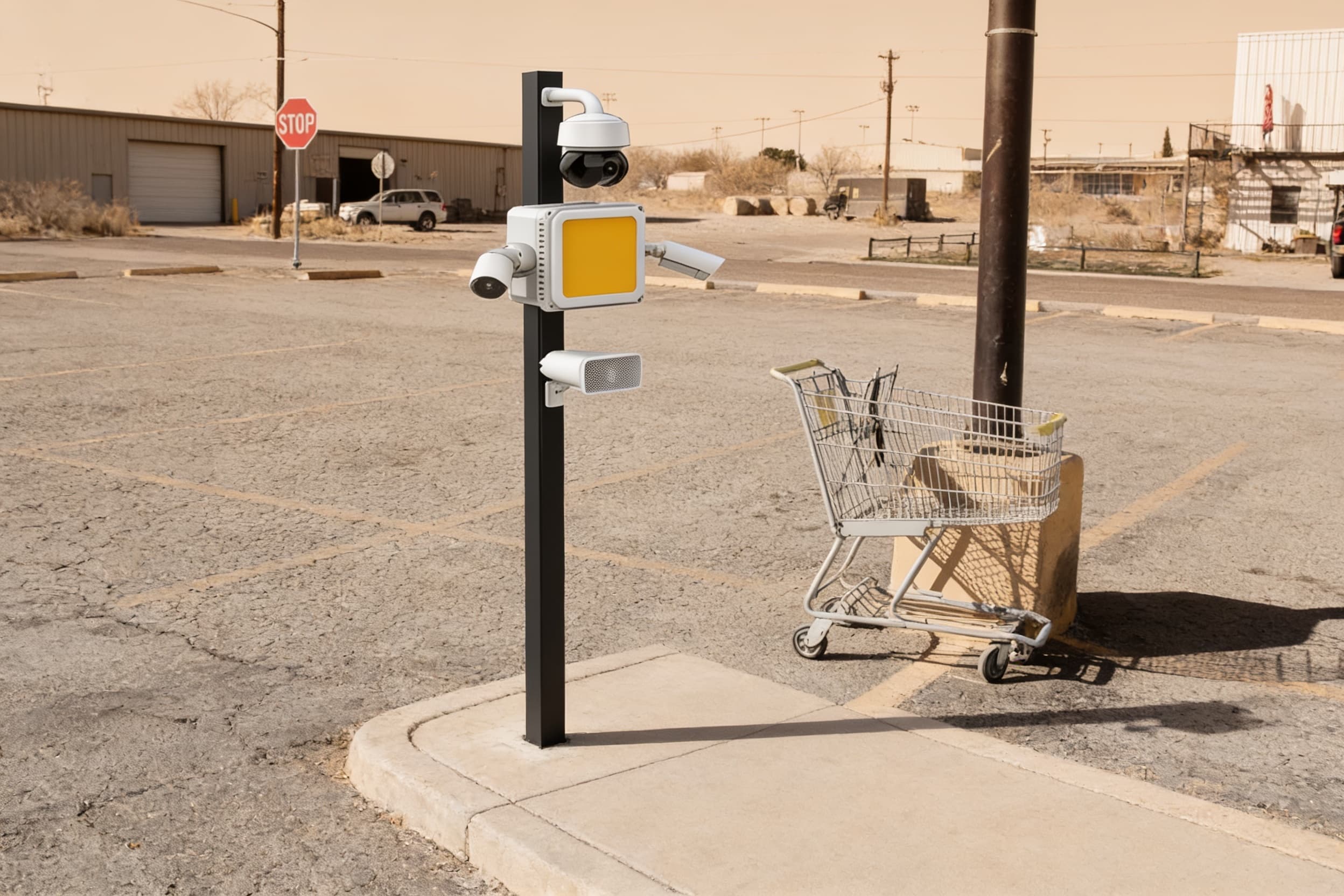 Mobile security unit beside a retail parking-lot walkway