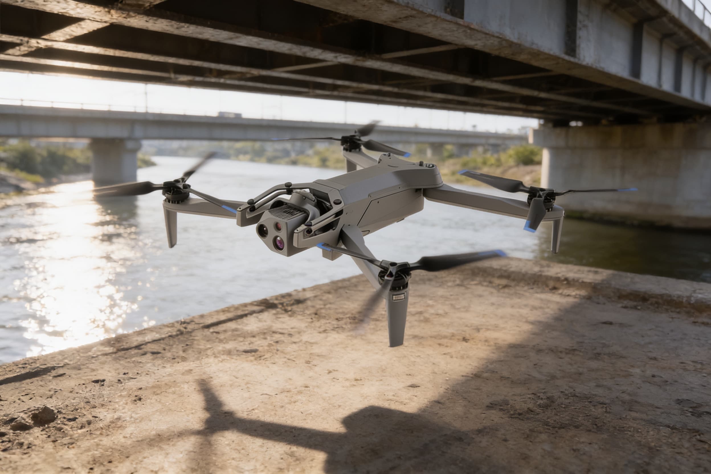 An aerial inspection drone hovering beneath a highway bridge deck