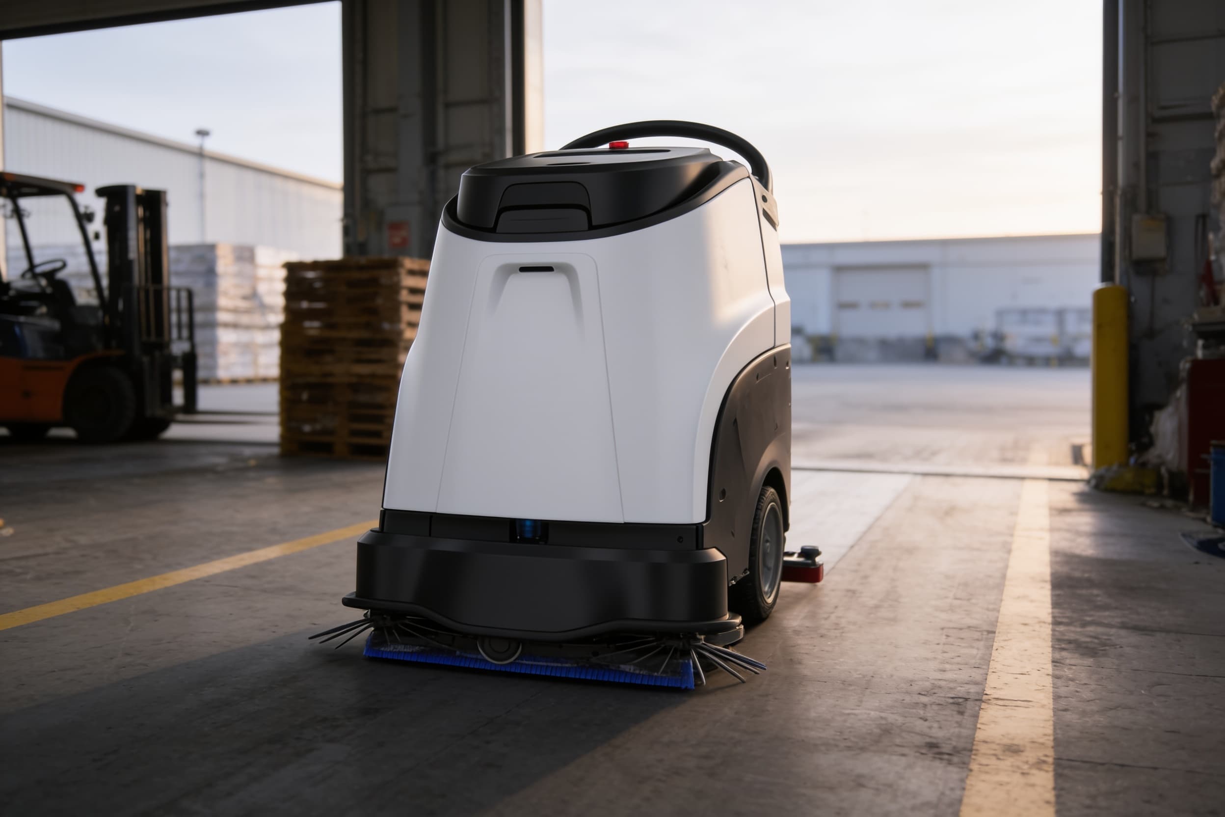 Floor scrubber cleaning a cold-storage facility dock in the morning