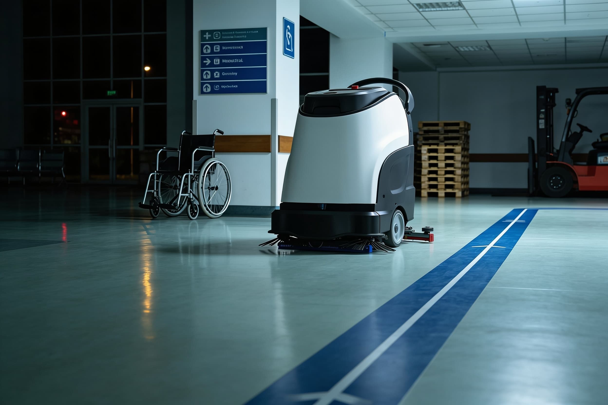 A cleaning robot working a hospital atrium at night
