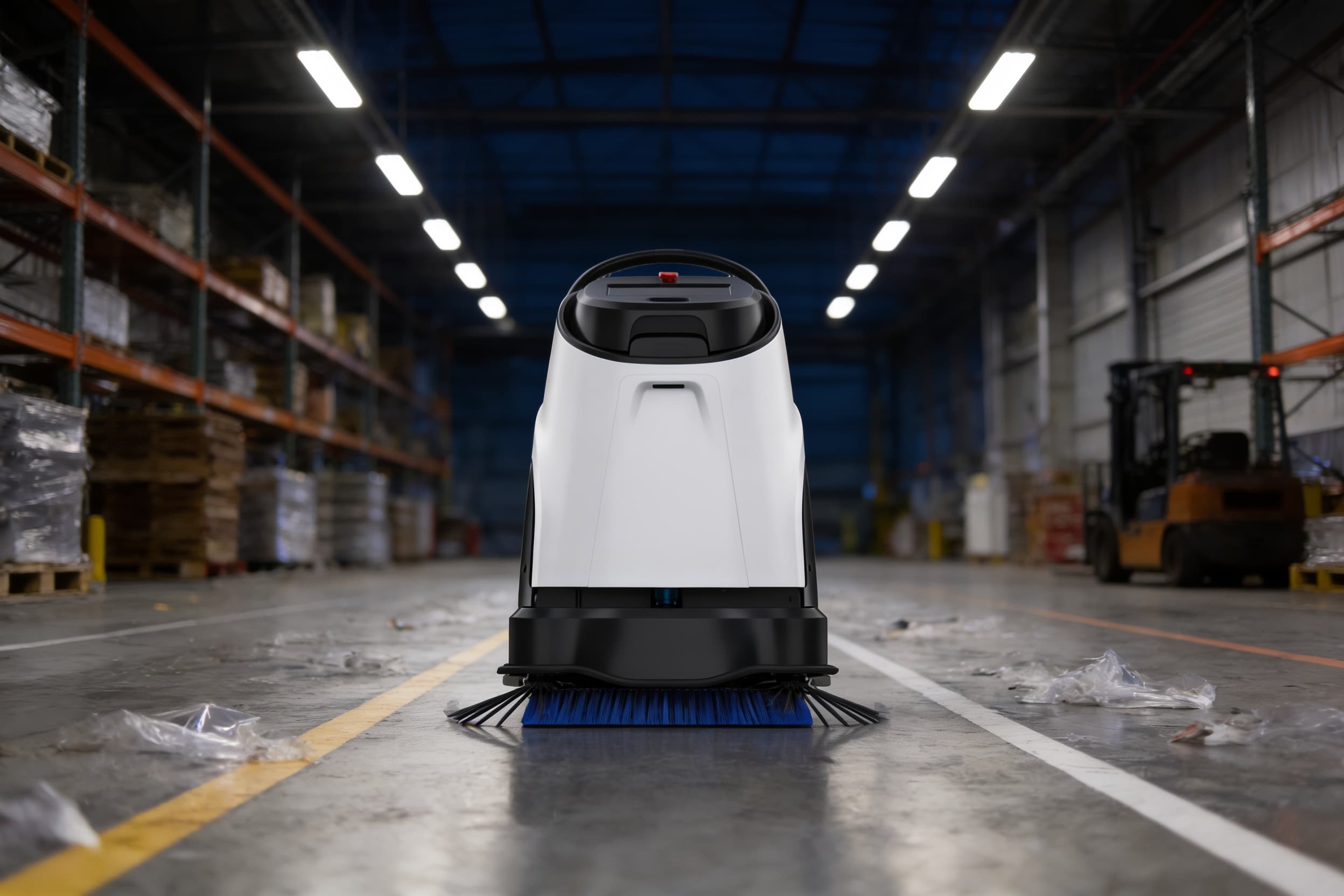 Large-area scrubber in a distribution-warehouse aisle