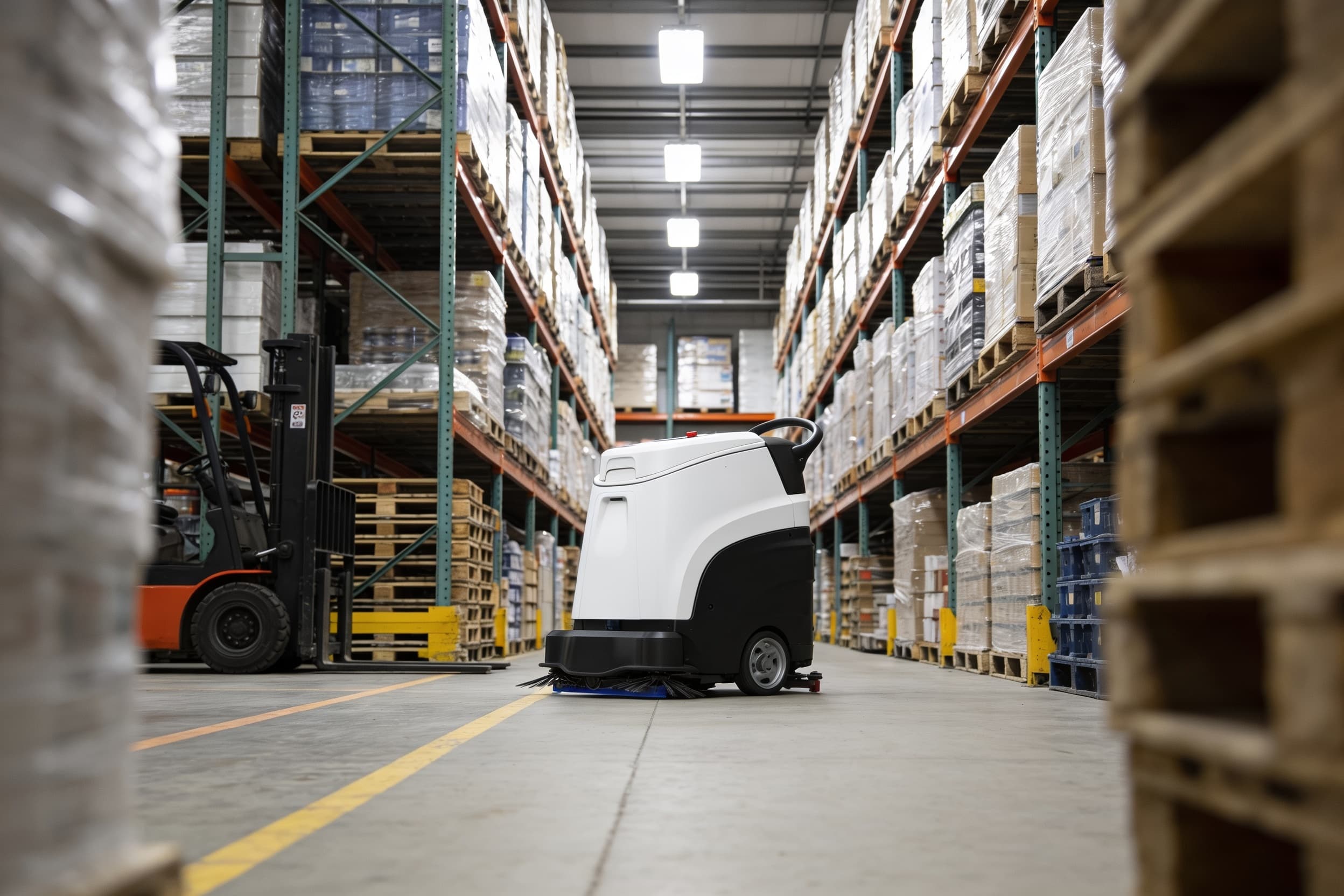 Floor scrubber working a back stockroom aisle
