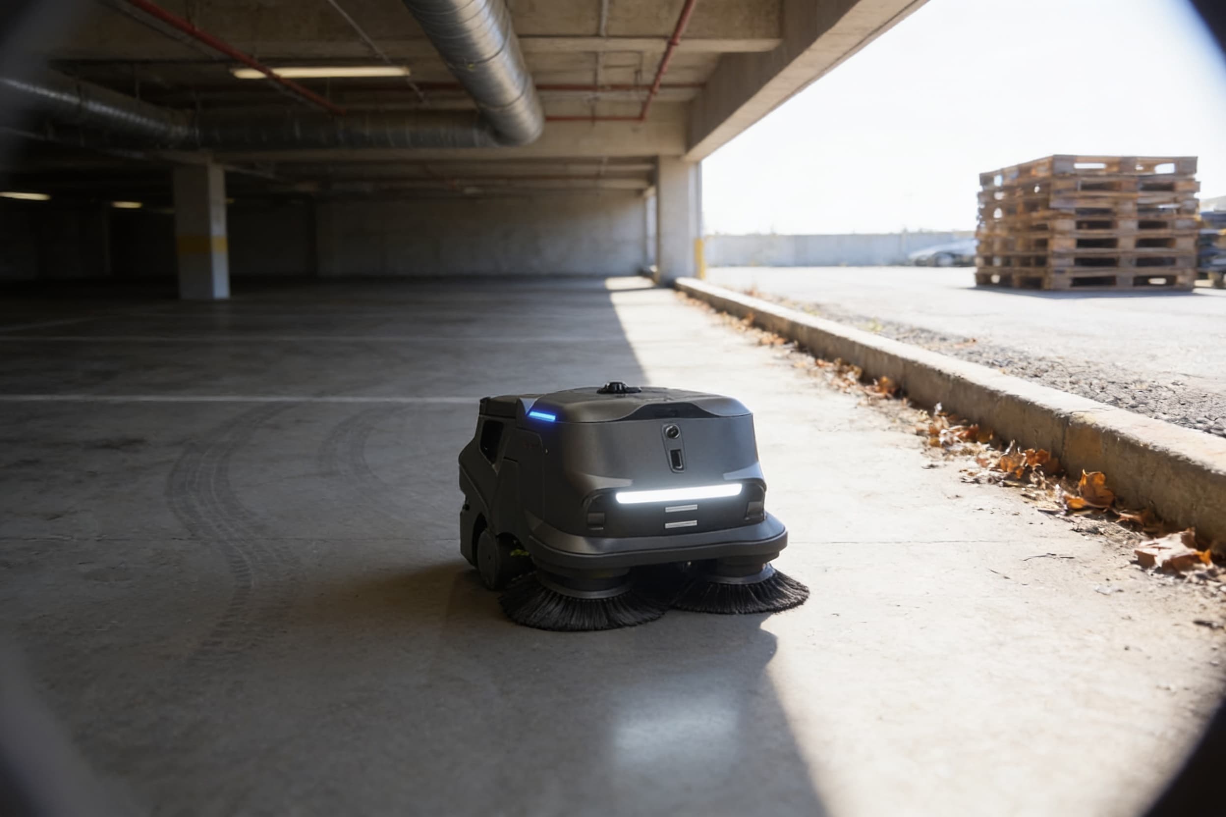 A sweeping robot clearing a parking-garage level