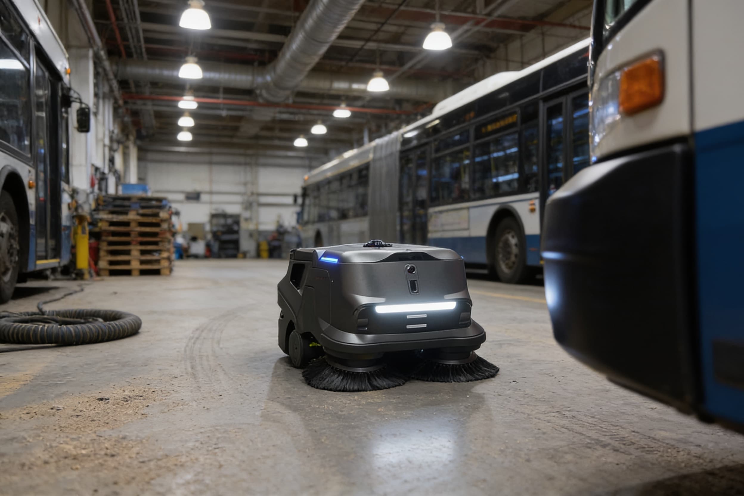 A compact sweeper working a bus-depot maintenance bay